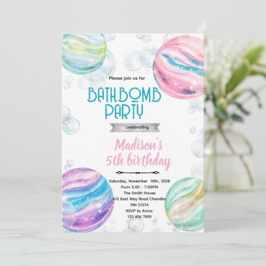 Bath bomb birthday party invitation kaart (Staand voorkant)