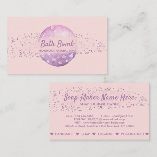 Bath Bomb Natural Soap Spa roze Visitekaartje (Voorkant / Achterkant)