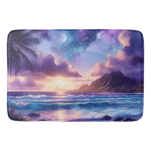 Bath Mat Paarse nacht Sky Moon Tropisch strand (Voorkant)