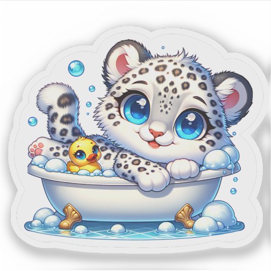 Bath Taking Anime Kawai Snow Leopard Stickers (Voorkant)