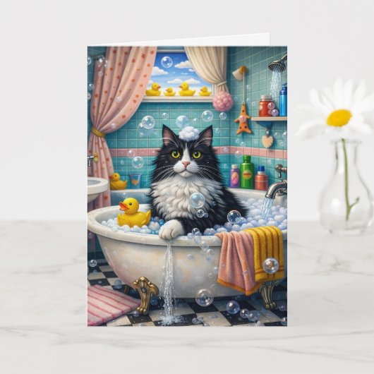 Bath Time , Cat Greeting Card Kaart (Kleine Plant)