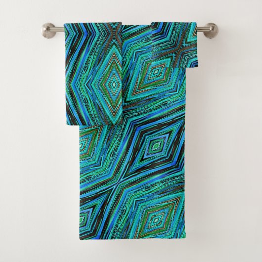 Bath Towel Set Blue & Green Feathers Bad Handdoek (Insitu)