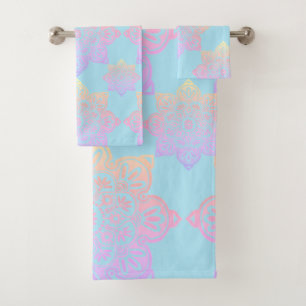 Bath Towel Set, Sunny Boho Medallions op sky blue Bad Handdoek