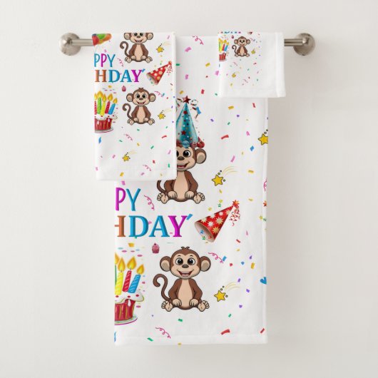 Bath Towel Sets, Happy Birthday Monkey Cupcake Bad Handdoek (Insitu)
