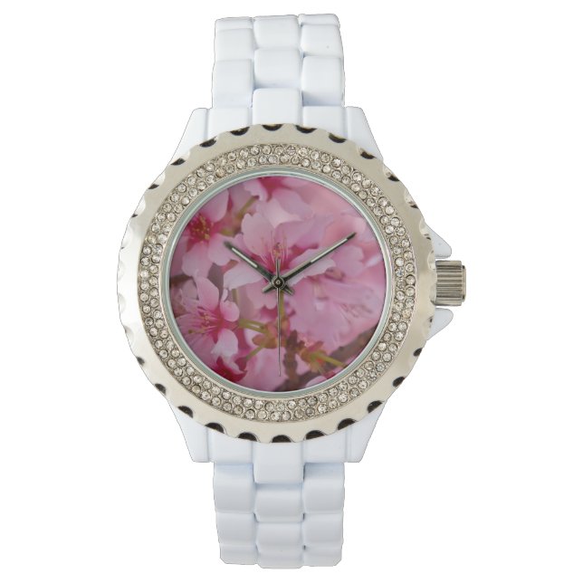 Bathed in Roze Japanse Cherry Blossom Horloge (Voorkant)