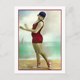 Bathing Beauty in deep cranberry bathing suit suit Briefkaart