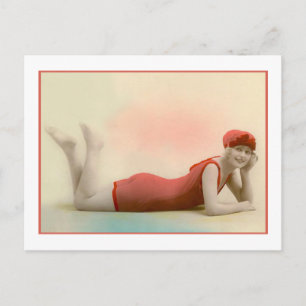 Bathing Beauty in oranje rood badpak Briefkaart