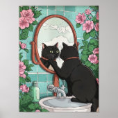 Bathroom Black Cat in Mirror Print, Funny Japanese Poster (Voorkant)