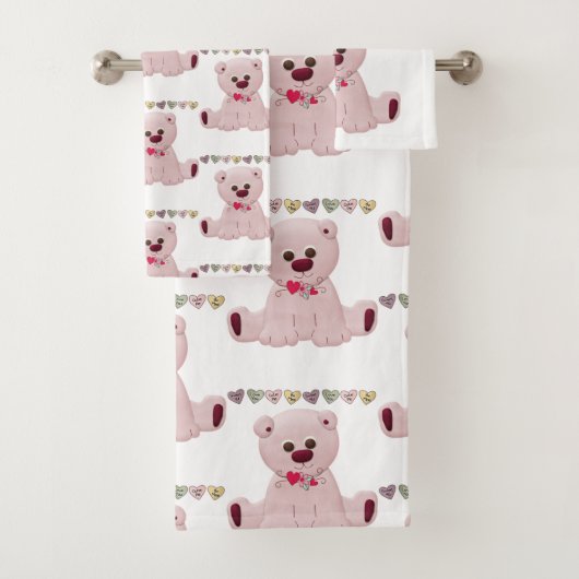 Bathroom diaset Roze Teddy Bear Hearts Love Bad Handdoek (Insitu)