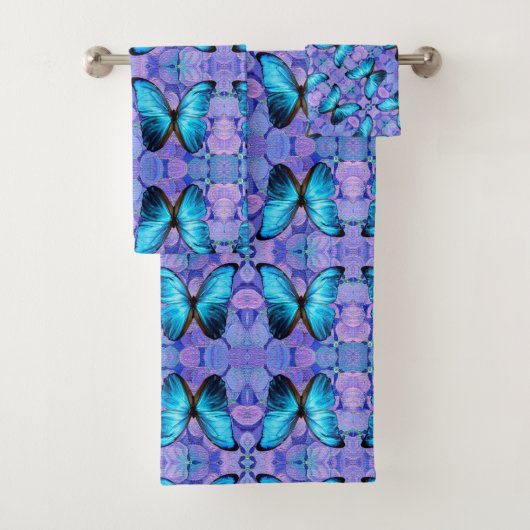 Bathroom Towel Set - Blauwe Butterfly & Hydragea Bad Handdoek (Insitu)
