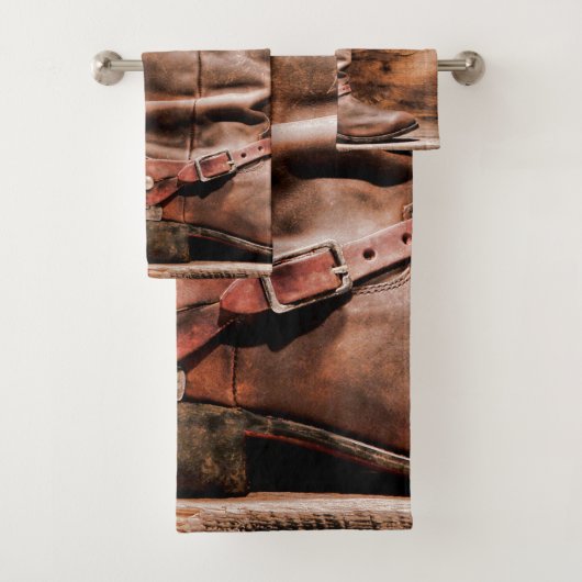 Bathroom Towel set Cowboy Boots Barn Wood Rustisch Bad Handdoek (Insitu)