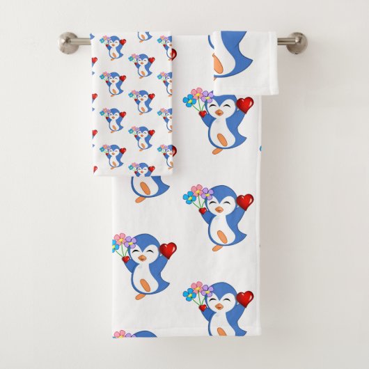 Bathroom Towel sets Valentijnsdag Penguin Hearts Bad Handdoek (Insitu)
