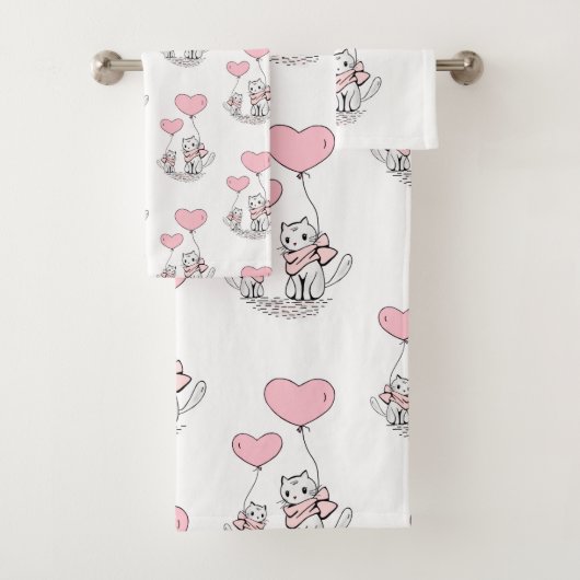 Bathroom Towel Sets Valentine's Day Cat Pink Heart Bad Handdoek (Insitu)