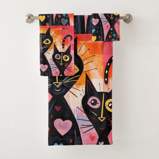 Bathroom Towel Sets Valentine's Day Cat Red Heart Bad Handdoek (Insitu)