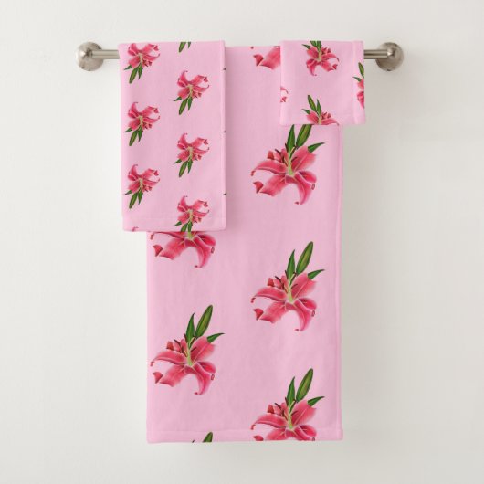 Bathroom Towel stelt de Floral van de Roze Lily in Bad Handdoek (Insitu)
