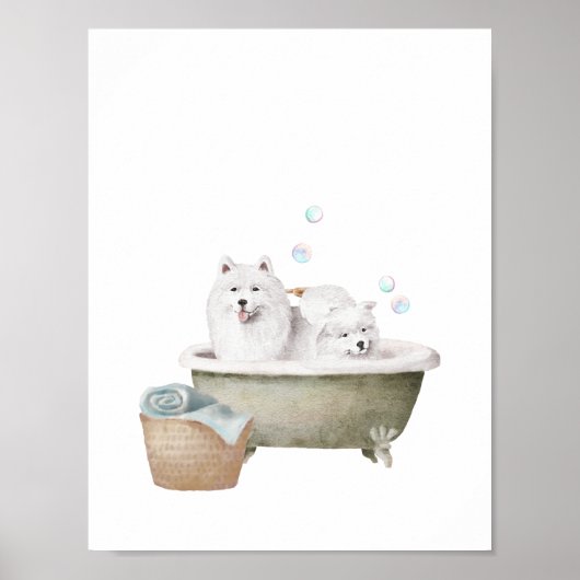 Bathroom Wall Art, Samoyed honden in een  bad Poster (Voorkant)