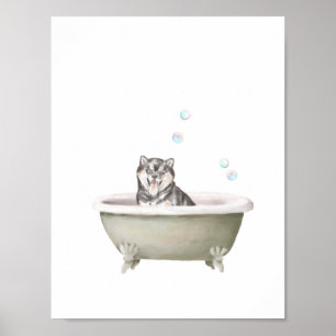 Bathroom Wall Art, Shiba Inu-hond in een badkamer Poster