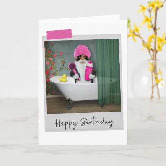 Bathtime Calico Cat Funny Birthday Card Kaart (Gele Bloem)