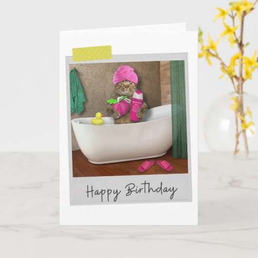 Bathtime Cat Funny Birthday Card Kaart (Gele Bloem)