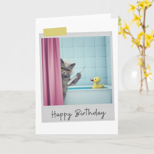 Bathtime Grey Cat Funny Birthday Card Kaart (Gele Bloem)