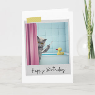 Bathtime Grey Cat Funny Birthday Card Kaart