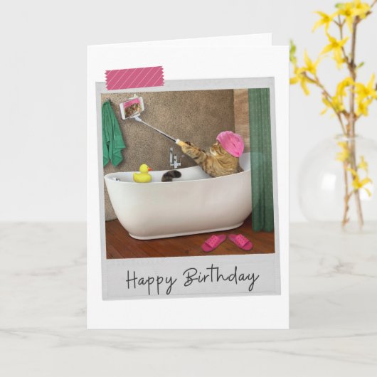 Bathtime Selfie Cat Funny Birthday Card Kaart (Gele Bloem)