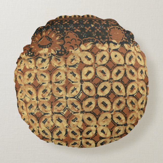 Batik Aardse Koffieboon Elegant Rustiek Ruw Rond Kussen (Voorkant)