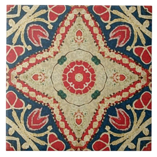 Batik-achtige tegels, bloempatroon, rood, blauw be tegeltje (Voorkant)
