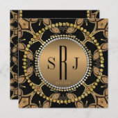 Batik Art Deco Zwart Goud Monogram Feest Uitnodigi Kaart (Voorkant / Achterkant)