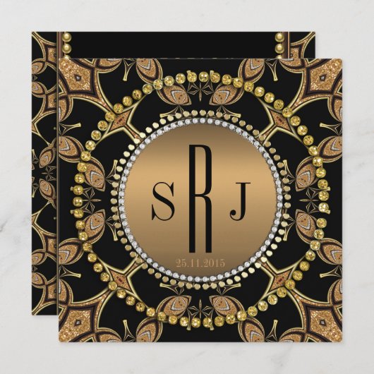 Batik Art Deco Zwart Goud Monogram Feest Uitnodigi Kaart (Voorkant / Achterkant)