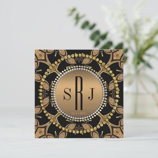 Batik Art Deco Zwart Goud Monogram Feest Uitnodigi Kaart (Staand voorkant)