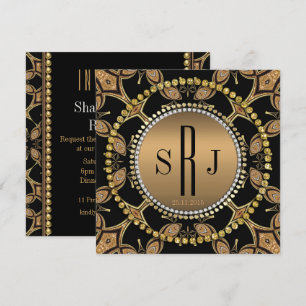 Batik Art Deco Zwart Goud Monogram Feest Uitnodigi Kaart