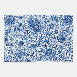 Batik bloemendesign blauw en wit theedoek