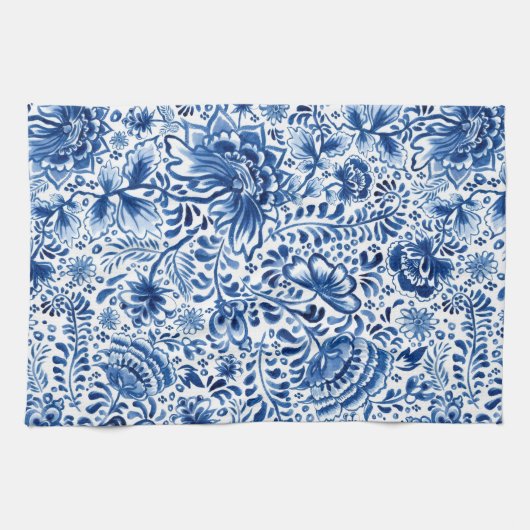 Batik bloemendesign blauw en wit theedoek (Horizontaal)