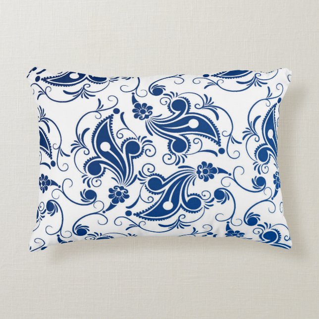 Batik Blue en White geïllustreerd Floral Pattern Accent Kussen (Voorkant)