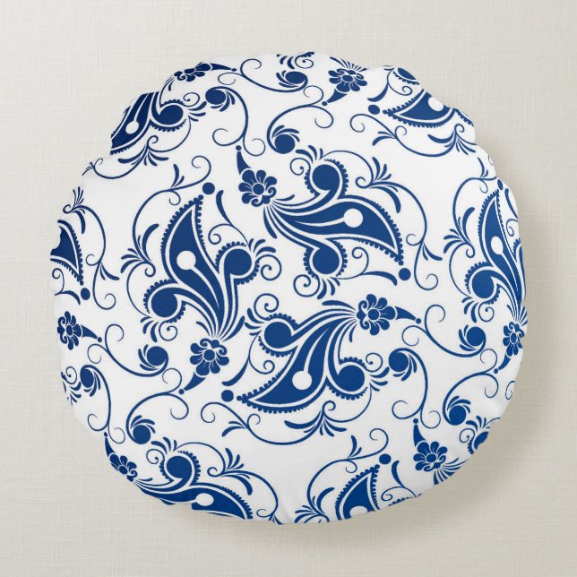Batik Blue en White geïllustreerd Floral Pattern Rond Kussen (Voorkant)