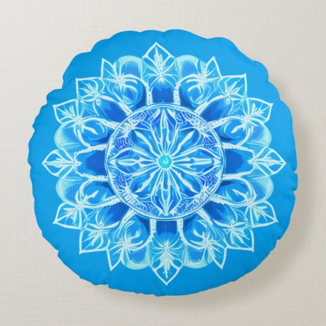 Batik Mandala Bloem in Turquoise Rond Kussen (Voorkant)
