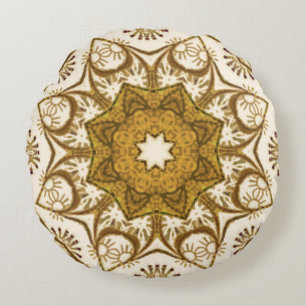 Batik Mandala Patroon Mosterd Goud en Crème Rond Kussen