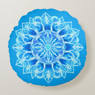 Batik Mandalabloem in Turquoise Rond Kussen