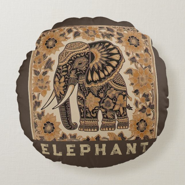 Batik Olifant Vintage Stijl Design, Retro  Rond Kussen (Voorkant)