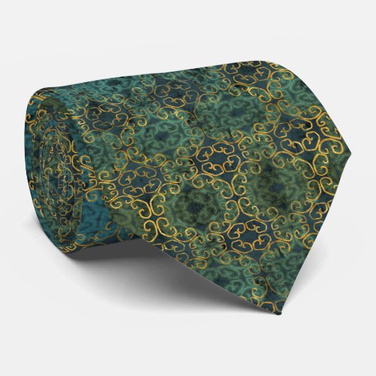 Batik Scroll Emerald and Gold Stropdas (Opgerold)