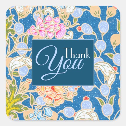 Batik Style Flowers Blue Background Bedankt Vierkante Sticker (Voorkant)