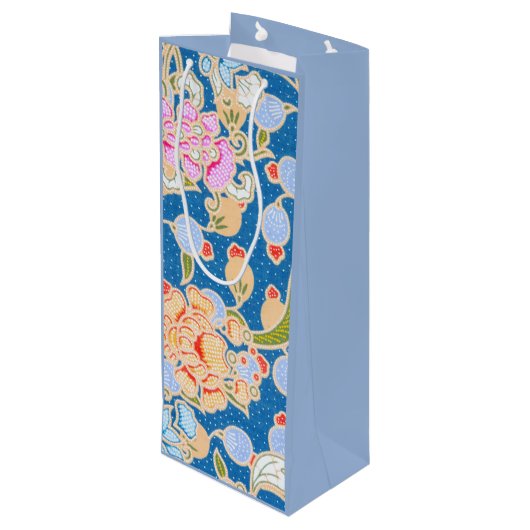 Batik Style Pattern Stippen Flowers Blue Backgroun Wijn Cadeautas (Achterkant Gekanteld)