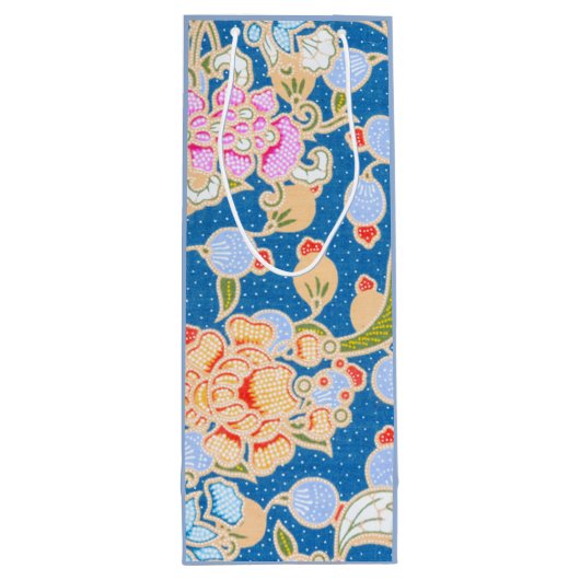Batik Style Pattern Stippen Flowers Blue Backgroun Wijn Cadeautas (Achterkant)