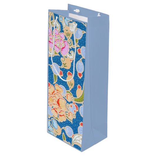 Batik Style Pattern Stippen Flowers Blue Backgroun Wijn Cadeautas (Voorkant Gekanteld)