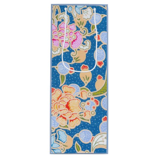 Batik Style Pattern Stippen Flowers Blue Backgroun Wijn Cadeautas (Voorkant)