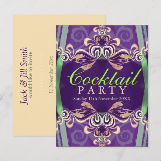 Batik Twist Groen Paarse Cocktailparty Uitnodiging (Voorkant / Achterkant)