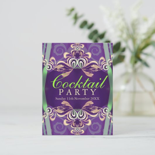 Batik Twist Groen Paarse Cocktailparty Uitnodiging (Staand voorkant)