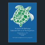 Batik Zee Turtle Kids Birthday Party nodigt uit Kaart<br><div class="desc">Een groene batik-achtige houthakkersschildpad op een koninklijke blauwe achtergrond fungeert als een aanpasbare kinder of Volwassenpartij uitnodiging.  Ideaal voor de zeeconsument of toekomstige bioloog.</div>