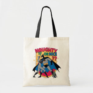 Batman   Catwoman under mistletoe Naughty or Nice Tote Bag
